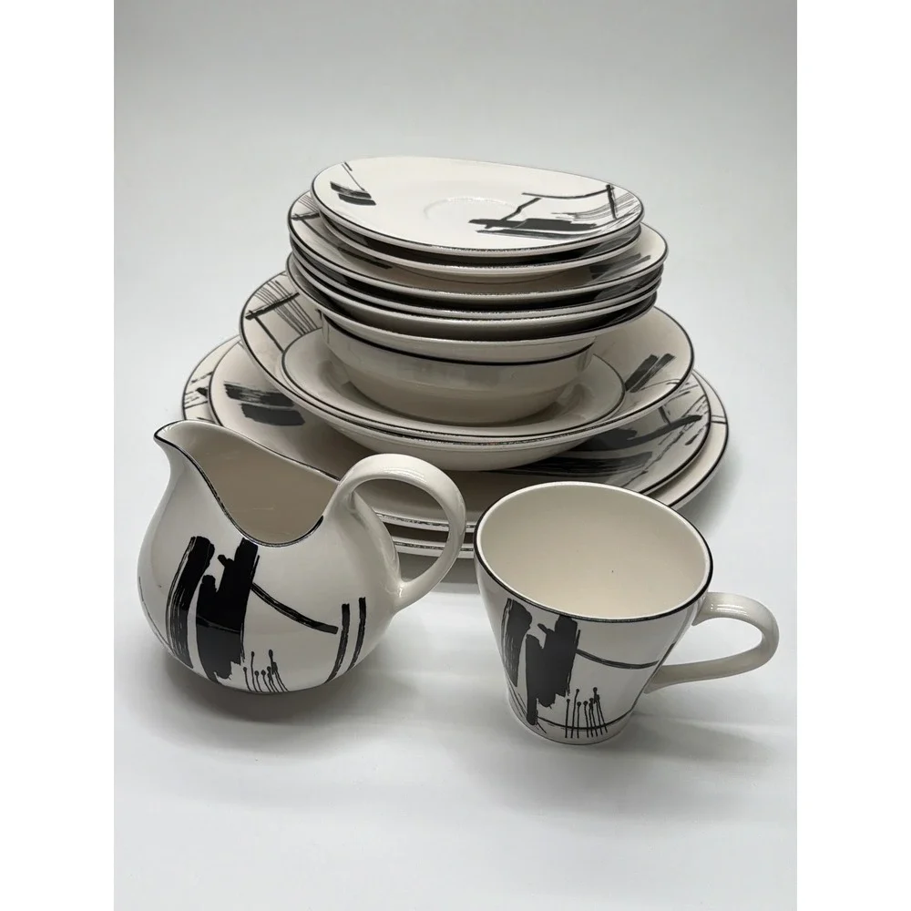 Sango Larry‎ Laslo Calligraphy Dinnerware Set 1986 Vintage Black White 12 Piece